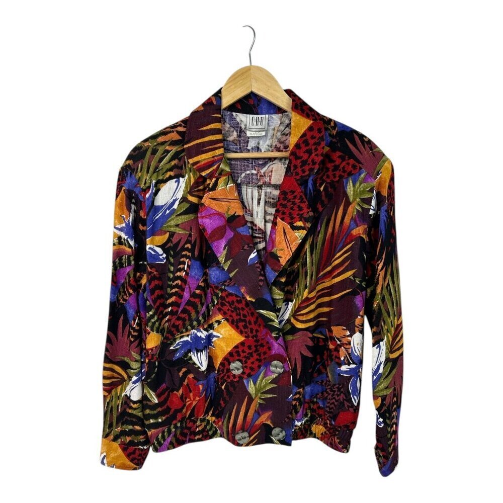 Vintage‎ CHU Bold Vibrant Multicolor Tropical Floral Motif Blazer M Made in USA